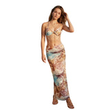 Women Tie-dye Printed Summer Party Club Halter Long Dress Backless Deep V Neck Sleeveless Bead Chain Bodycon Dresses