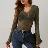 Women V Neck Floral Lace Long Sleeve T Shirt See Through Slim Fit Tees Y2k Gothic Club Party Streetwear Ladies Sheer Basic Tops