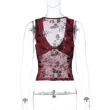 FDYOUI Sexy V-neck Floral Tank Tops for Women 2026 Summer Sleeveless T-shirt Ladies See-through Mesh Corset Top Black Wine Red