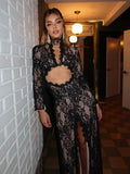 Summer Maxi Dress Women Sexy Sheer Lace Hollow Out Long Sleeve Floral Split Slim Bodycon Solid Casual Beach Party Club Vestidos
