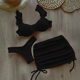 Solid Wavy Fabric Low Waist Bikini Set Cover Up Swimsuit For Women Push Up Ruffle Three Pieces Swimwear 2026 Beach Bathing Suits
