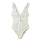Women's Lace Satin Jumpsuit Elegant White Lace V Neck Bodysuit Sleeveless Satin Bodycon Top For Women Party Night Out Wear VN50