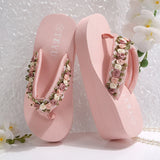Fashion Flower Decor Wedge Flip Flops Women 2026 Summer Lightweight Platform Slippers Woman Chic Pink Thick Sole Beach Sandles