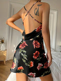 Summer Ice Silk Stain Nightgowns Women Sexy Sleepwear Slip Dress Floral Print Pajamas Open Back Split Nightdress Nighties