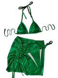 sexy metallic bikinis sets three pieces with drawstring mini skirt bathing suit beach wear women thong bikini swimsuits biquini