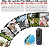 1080p Wireless Wi-Fi Video Doorbell Camera with Two-Way Audio, Night Vision, Cloud Storage, AI Motion Detection, 2.4GHz Wi-Fi