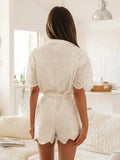 Lace Cotton White Romper Women Summer Spring Single Breasted Turn Down Collar Wide Leg Shirt Playsuit Embroidery Short Jumpsuit