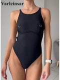 Metal Ring Backless Black Women Swimwear One Piece Swimsuit Female Brazilian High Leg Cut Padded Bather Bathing Suit Swim V7512