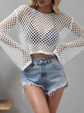 Mesh Crochet Beach Shirt Women Solid Cover Up Ladies Long Sleeve Tops 2026 Sexy Beachwear Bathers Swim Bathing Suit