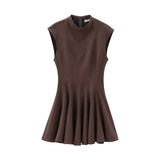 Foridol Stand Collar Sleeveless Pleated Tank Dress for Women Brown Casual Short Autumn Winter Dress Zip Black Ladies Vestidos
