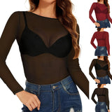 Sexy Women T Shirt See Through Transparent Mesh Tees Long Sleeve Sheer Slim Ladies Solid Round Neck Skinny T-Shirt Lace Crop Top