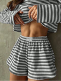 Summer Striped Pajama Sets for Women Sleepwear Long Sleeve Top and Shorts 2 Piece Set Casual Home Wear Loungewear