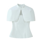 Women's Fashion Casual Shawl-Style Waist-Cinching Top Solid Color For Woman Elegant Cape Sleeve Top For Women White Black 81FF