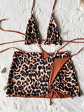 2026 Summer Leopard Print 3 Pieces Suit Swimwear Reversible Sexy Halter Lace-up Bikini Set Drawstring Skirt Cover Up Beachwear
