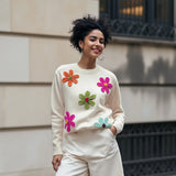 Women Knitted Flower Sweater Casual Crew Neck Long Sleeve Pullover Tops Cute Winter Fall Loose Knitwear