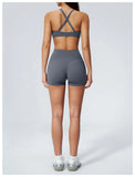 2 Piece Summer Yoga Sets for Women Hollow Back Cross Sports Bra Fitness Clothes Tight High Waist Shorts Running Workout Clothes