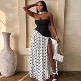 FDYOUI Elegant Bandage Polka Dot Patchwork Evening Dresses Women's 2026 Summer Off Shoulder High Slit Pleated Long Party Dress