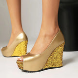 Plus Size Elegant Sequined White Chunky Platform Pumps Women's Black Pink Peep Toe Wedges High Heels Shoes for Party Wedding