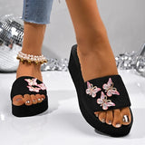 Pink Crystal Butterfly Platform Slippers Women 2026 Summer Slip On Wedge Sandals Woman Lightweight Thick Sole Casual Slides 42