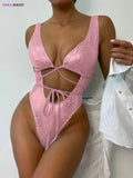 DEKA Women's Mesh Patchwork One Pieces Swimwear Sexy New Hollow Out High Cut Bandage Swimsuit Monokini Push Up Bikini