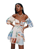 Women Vintage Print Patchwork Mini Dress Summer Sexy Fashion Elegant Short Sleeve Bodycon Off Shoulder Backless Party Dresses