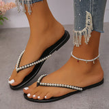 Summer Beach Pearl Decor Flip Flops Women Fashion Black Flat Clip Toe Slippers Female Plus Size Non Slip Pu Leather Slides Mujer