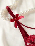 Burgundy Floral Lace Sheer Mesh Babydoll Lingerie Set Slip Nightdress With Matching Thong Women Sexy Sleepwear ZA825066