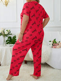 Plus Size 3XL 4XL 5XL Sleepwear Heart Letters Print 2 PCS Pajama Set Women's Casual Short-Sleeve Top and Pants Loungewear