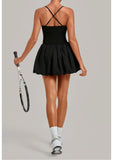 Fake Two Piece Tennis Dress Women Back Criss Cross Slim Bulit-in Shorts Golf Athletic Dresses Gym Pleated Fluffy Yoga Mini Dress