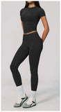 2PCS Women's Tracksuit Seamless Yoga Set Short Sleeve O Neck Workout T Shirts Fitness Suit Tight Hip Lifting Leggings Gym Sets