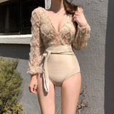 Long Sleeve Korean Style One Piece Swimwear Women Solid Black Mesh Patchwork Belt Push Up Bathing Suit Swimwear Monokini 2025
