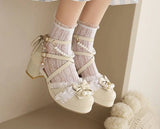 Women's Summer White Buckle Strap Sandals Pink Bowknot Pearls Cross Strap Shoes Black Ruffles High Heels Lady Lolita Party Shoes