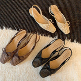 Woven Bow Back Strap Design Sandals Women's Summer New Square Head Shallow Mouth Single Shoe Comfortable Elegant Cool Pumps
