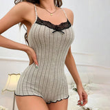 Comfortable Bodysuit Womens Onesies Summer Pajamas Sleepwear Back Butterfly Embroidery Lace Splicing Loungerwear