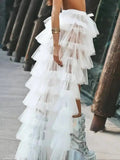 White Ruffled Tiered Tulle Over Wrap Skirts Women Sheer Mesh Summer Maxi Skirt Low Long Beach Tulle Skirt Bridal Detachable FR8E