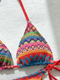 Sexy Red Striped Knitted Bikini Set 2026 Women Patchwork Push Up Bra Thong Swimsuit Beach Bathing Suit Cover Up 3 Piece Swimwear