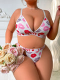 Women's Sexy Lips Print Lingerie Set, French Triangle Cup Bralette & Thong, Plus Size Supportive Side-Smoothing Underwear