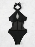 One Piece Bikini Women 2026 Grenadine Solid black Cross Bandage Hollow Out Swimwear Beach Backless Bathing Suit Monokini