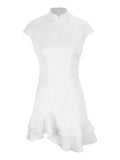 Trendix Women's Elegant Satin Evening Dress Fashion Stand Neck High Waist Slim Mini Dresses Party Sexy Short Sleeve Ruffle Dress