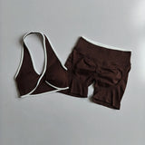 2pcs Women's Seamless Push-up Sports Vest Bra Set with High Elastic Hip Lifting Shorts for Running Aerobics Yoga