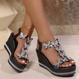 Rhinestone Butterfly Decor Chunky Platform Sandals Women Fashion Slip On Wedges Sandles Woman Lightweight Elastic Band Sandals