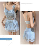 Swimsuit Women's Two-piece Fairy Style Sexy Hot Spring Skirt Style Three-dimensional Flower Ribbon Swimsuit