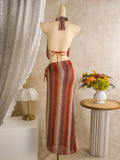 Bohemia Style Coffee Striped Bikini Set 2026 Women Cover Up+Long Skirt 4 Piece Swimsuit Summer Holiday Bathing Suit Swimwear