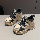 Chunky Platform Women Sport Sneaker Lace-Up Thick Bottom Vulcanize Shoes Woman Spring Autumn Pu Leather Breathable Running Shoes