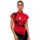 Women's Cheongsam Tops Mock Neck Short Sleeve Lace Patchwork  Blouse Chinese Style Keyhole Summer Shirts