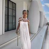 Summer Sleeveless Party Dress, Women Loungewear O-Neck Hollow Out Party Dress, Solid Color Patchwork Beach Style Ladies Dress