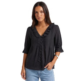 Women's Summer Blouse Solid Color Ruffle Flounce V Neck Short Sleeve Button Down Tops Casual Loose Shirts