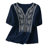 Women Summer Loose Embroidered V Neck Solid Color Short Sleeved Comfortable Button Down Shirt Top женская одежда