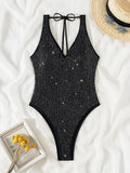 Shiny Sequins Hater V Neck One Piece Swimsuit Women Swimwear Female High Leg Cut Monokini Bather Backless Bathing Suit Swim Lady