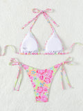 Blue Floral Print 2 Piece Micro Bikini Set for Women 2025 New Push Up Bra Thong Swimsuit Beach Bathing Suit Holiday Swimwear